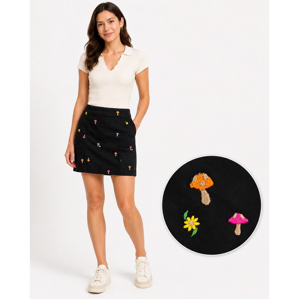 Tinseltown Black‎ Mushroom Floral Embroidered Mini Skirt NWT Size Medium